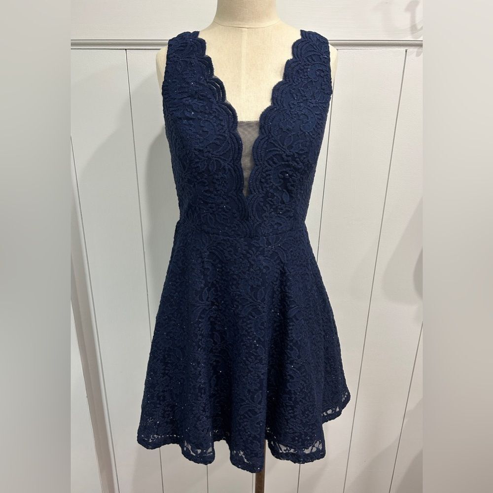 Navy Formal Sparkle Lace with Scalloped Neck Sleeveless Dress - Junior’s Size 9